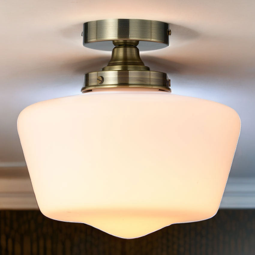 School House Semi Flush Bathroom Light IP44- Matt Black/ Antique Brass