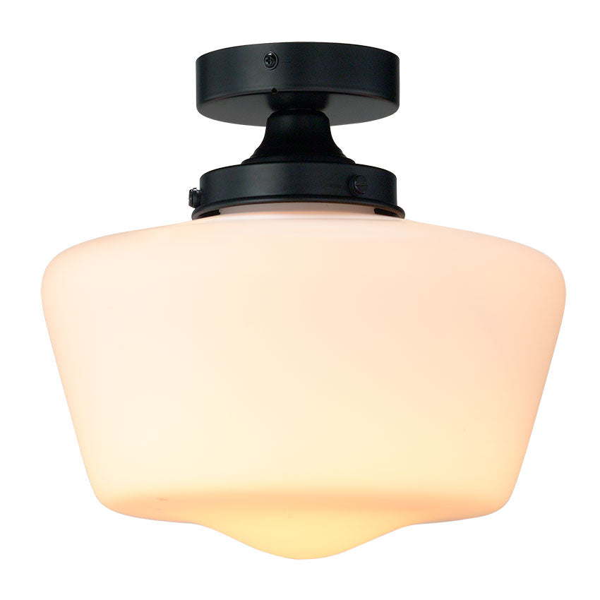 School House Semi Flush Bathroom Light IP44- Matt Black/ Antique Brass