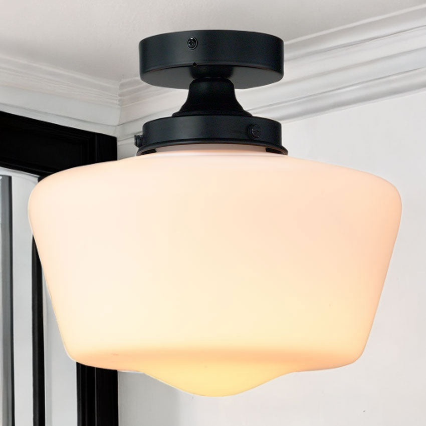 School House Semi Flush Bathroom Light IP44- Matt Black/ Antique Brass