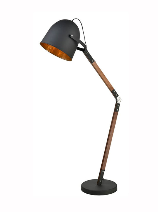 Solara Large Adjustable Floor Lamp Black Metal Base and Head with Wood E27