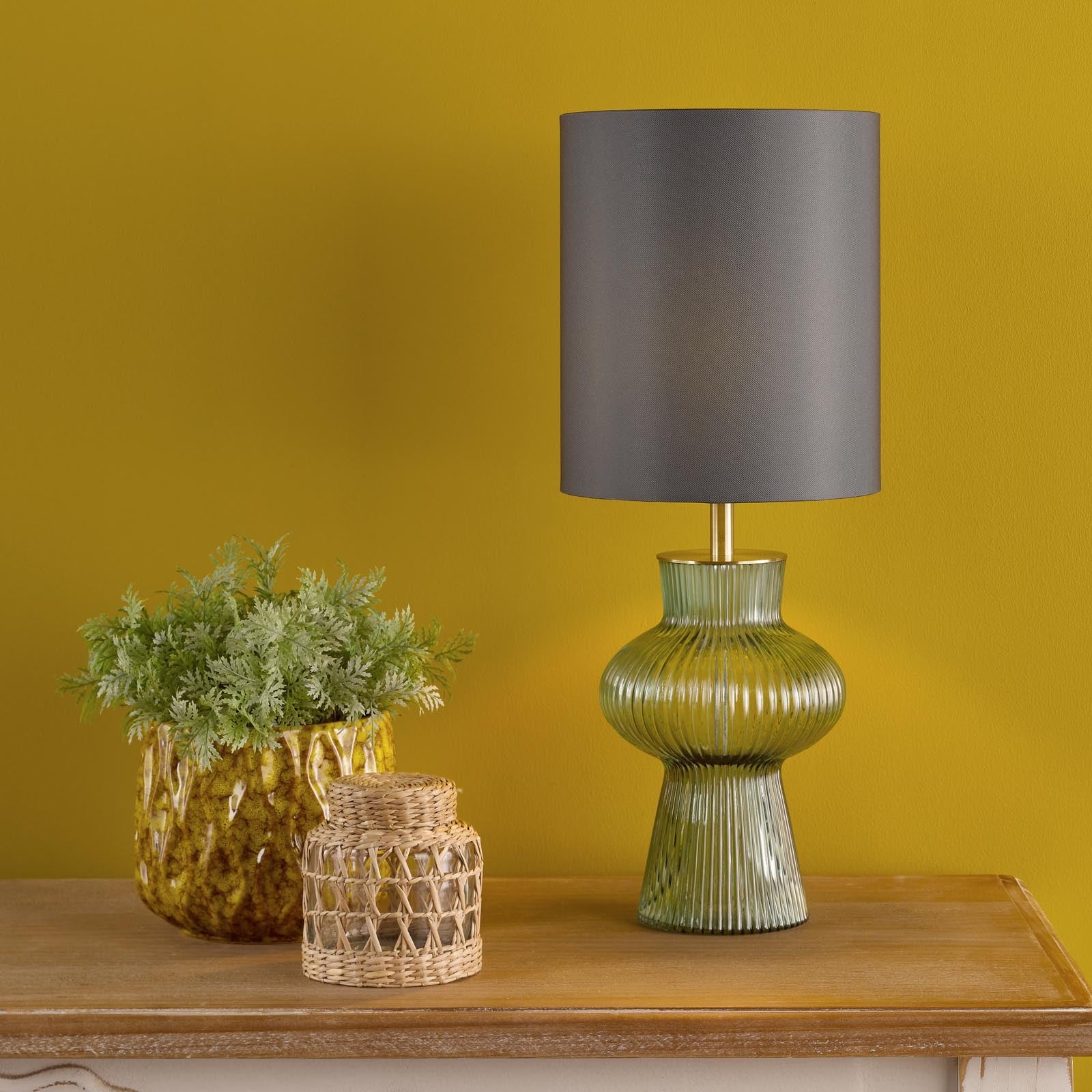 Suelita Table Lamp Brown/Green Ribbed Glass And Antique Brass With Shade E14