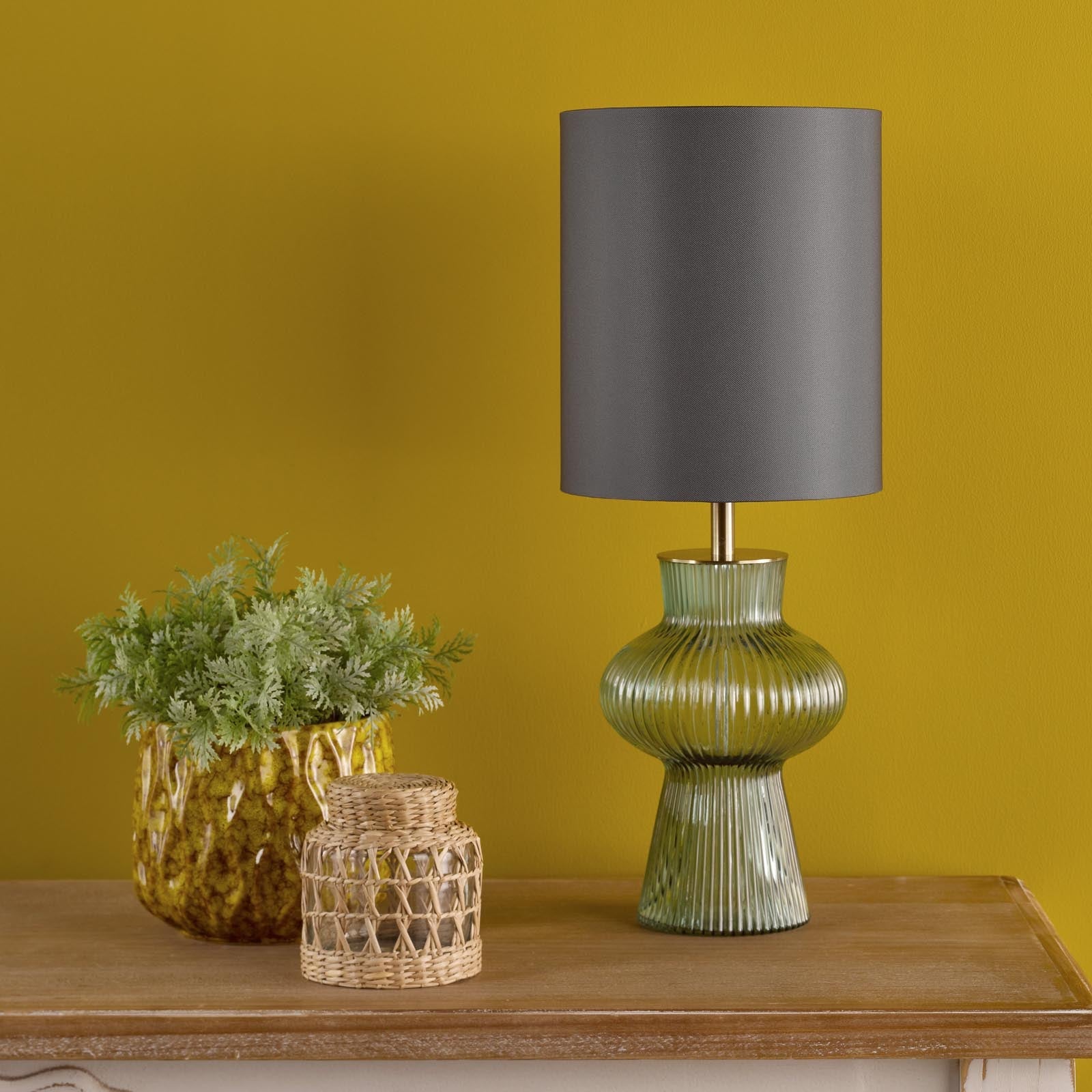 Suelita Table Lamp Brown/Green Ribbed Glass And Antique Brass With Shade E14