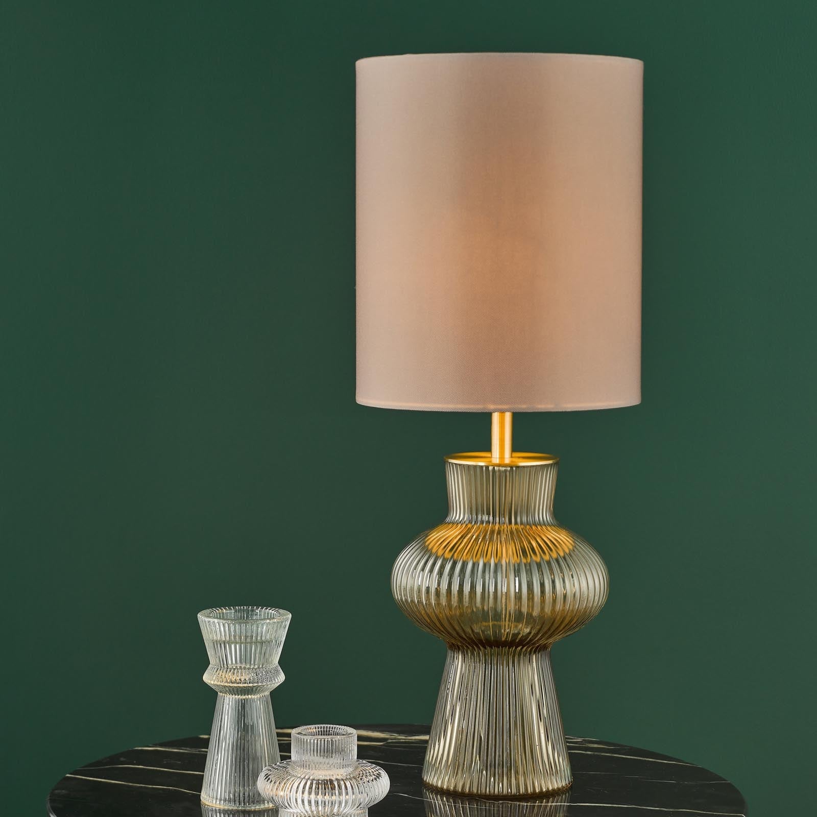 Suelita Table Lamp Brown/Green Ribbed Glass And Antique Brass With Shade E14