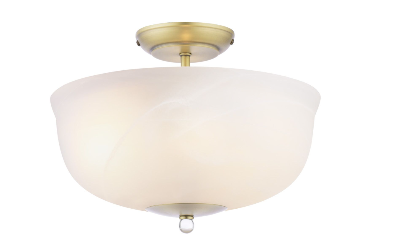 Cossington 2 Lt Semi-Flush Light- Matt Antique Brass and White Marble Effect Glass