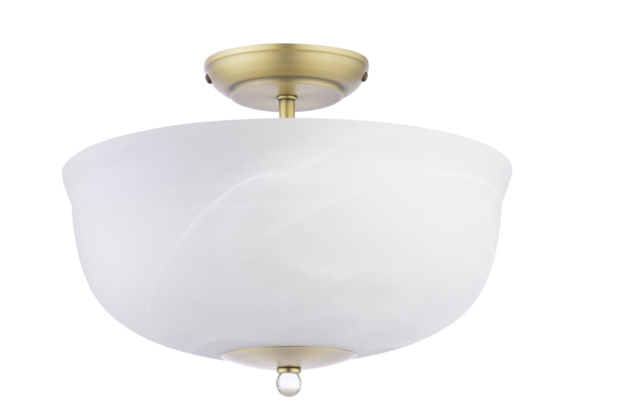 Cossington 2 Lt Semi-Flush Light- Matt Antique Brass and White Marble Effect Glass