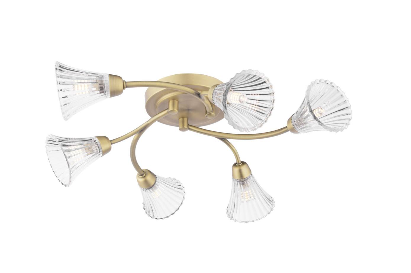 Lanton 6 Lt Semi-Flush Ceiling Light- Matt Antique Brass and Ribbed Glass