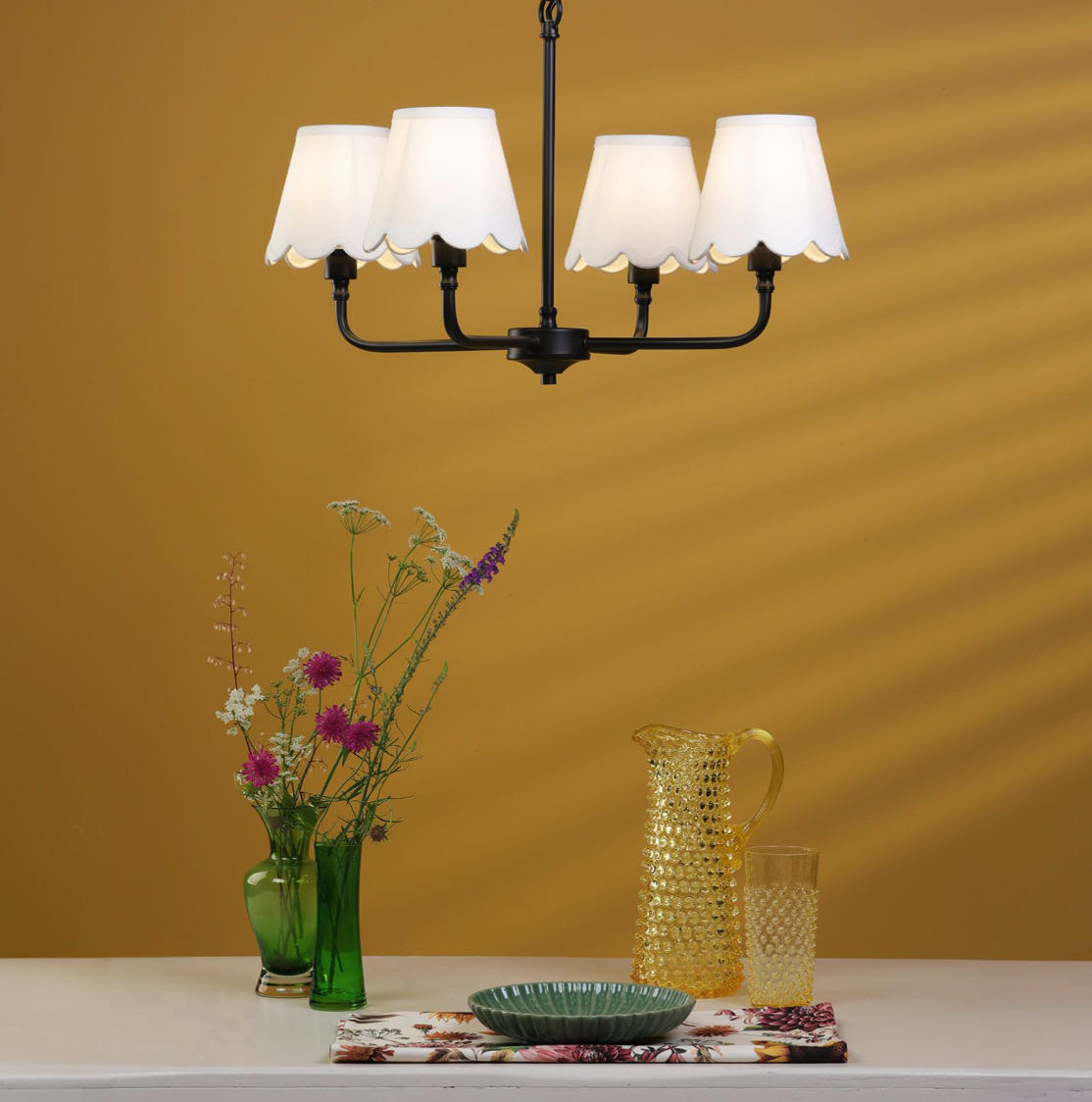 Padme 4 Light Pendant- Matt Black With White & Blue Shades