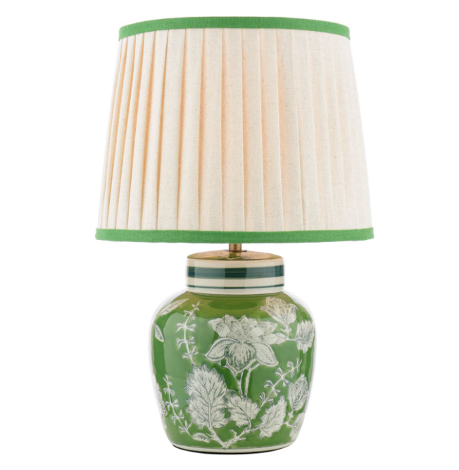 Colwich Table Lamp Green Ceramic and Antique Brass With Shade