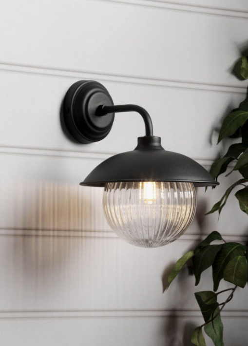 Hatton Outdoor Wall Light Matt Black and Ribbed Glass IP44