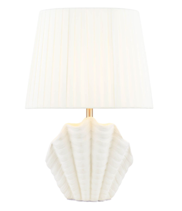 Shell Table Lamp White Ceramic and Satin Chrome With Shade