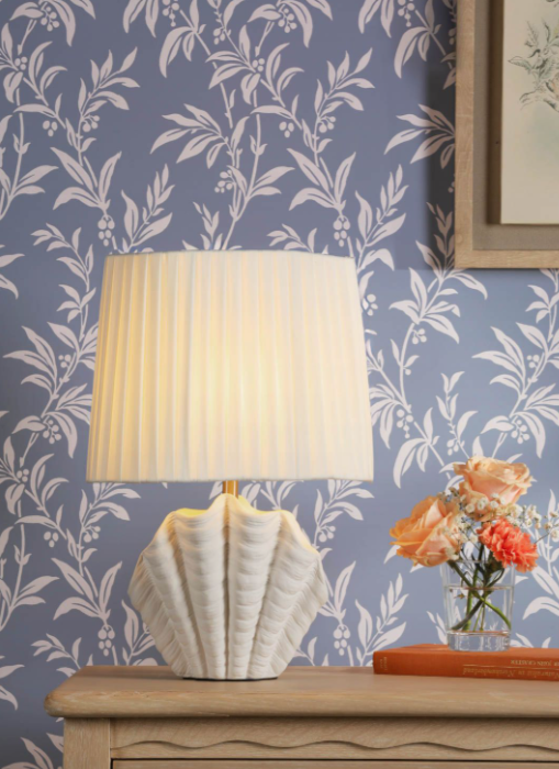 Shell Table Lamp White Ceramic and Satin Chrome With Shade
