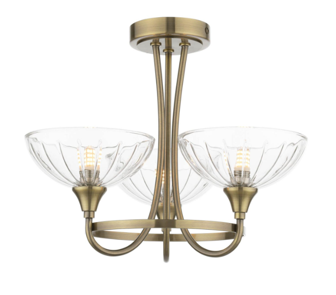 Wellham 3 Light Semi-Flush Antique Brass and Ribbed Glass