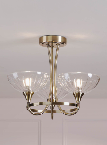 Wellham 3 Light Semi-Flush Antique Brass and Ribbed Glass