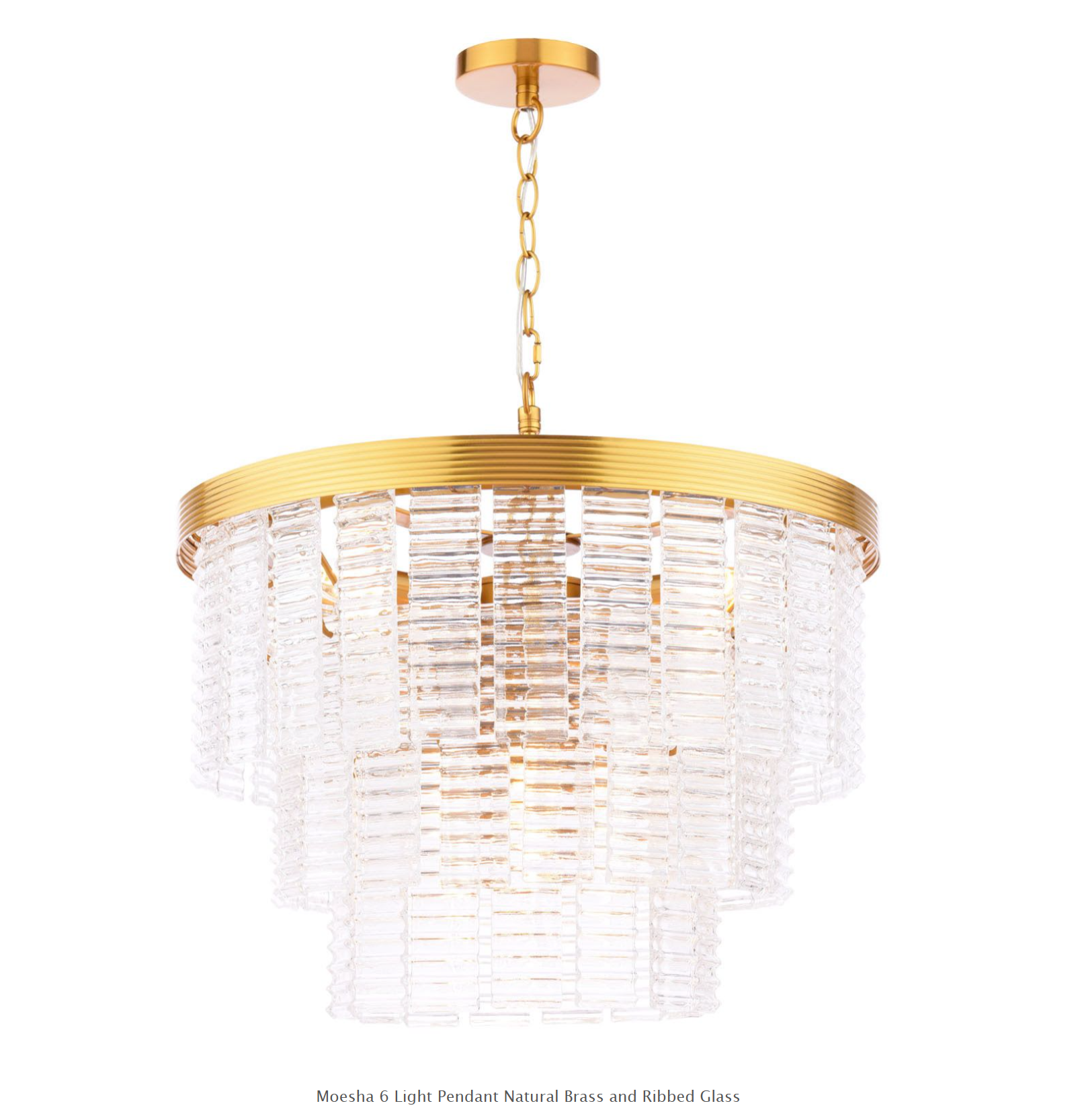 Moesha 6 Light Pendant- Natural Brass and Ribbed Glass