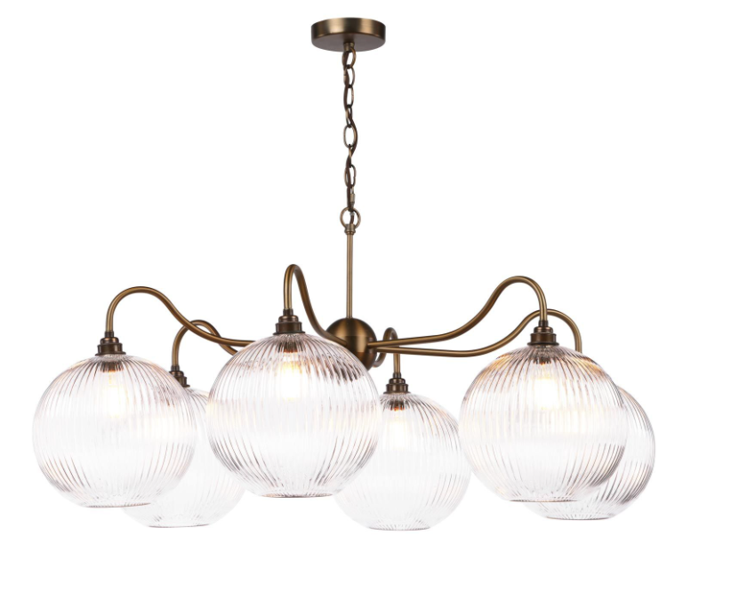 Caliro 6 Lt Chandelier- Antique Bronze with Clear & Ribbed Glass Globe Shades