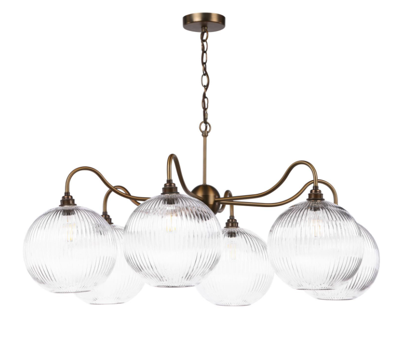 Caliro 6 Lt Chandelier- Antique Bronze with Clear & Ribbed Glass Globe Shades
