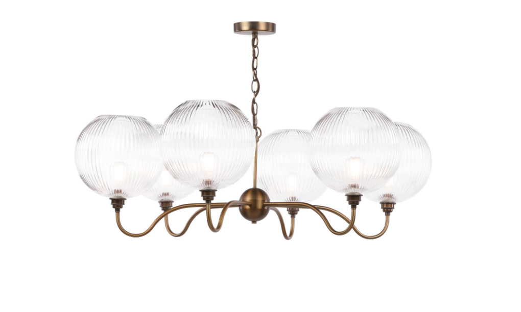 Caliro 6 Lt Chandelier- Antique Bronze with Clear & Ribbed Glass Globe Shades