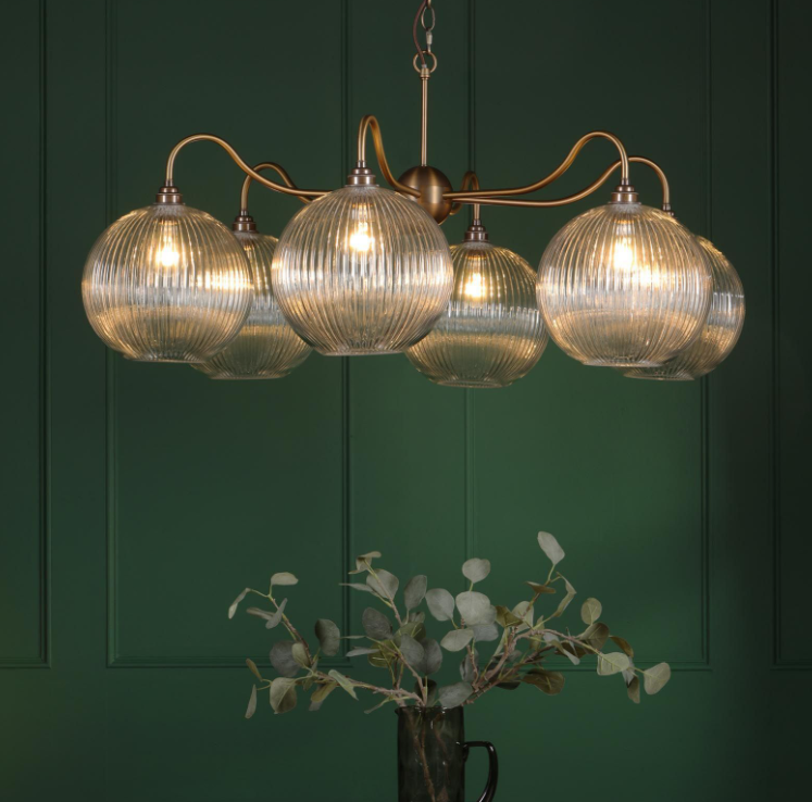 Caliro 6 Lt Chandelier- Antique Bronze with Clear & Ribbed Glass Globe Shades