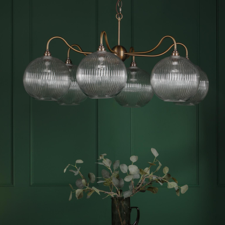 Caliro 6 Lt Chandelier- Antique Bronze with Clear & Ribbed Glass Globe Shades
