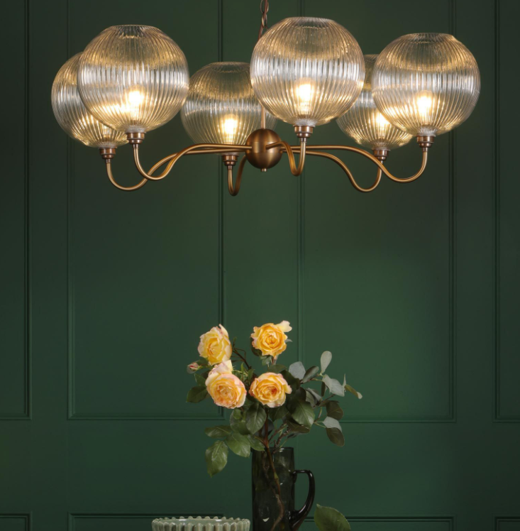 Caliro 6 Lt Chandelier- Antique Bronze with Clear & Ribbed Glass Globe Shades