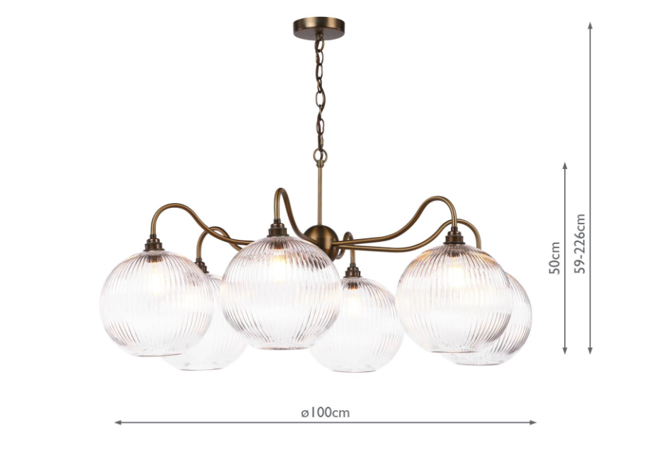 Caliro 6 Lt Chandelier- Antique Bronze with Clear & Ribbed Glass Globe Shades