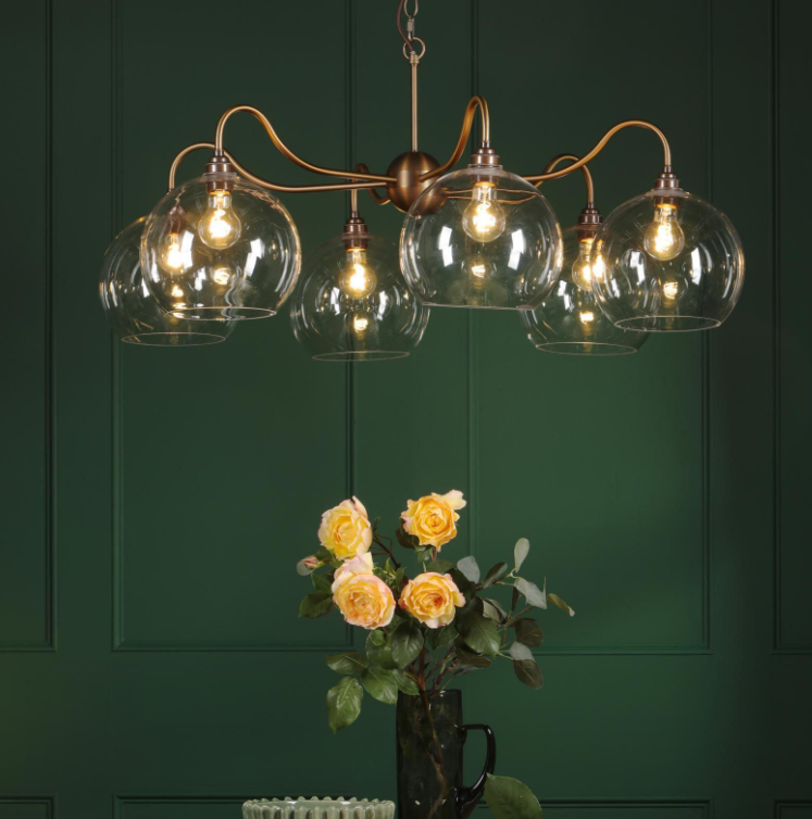 Caliro 6 Lt Chandelier- Antique Bronze with Clear & Ribbed Glass Globe Shades