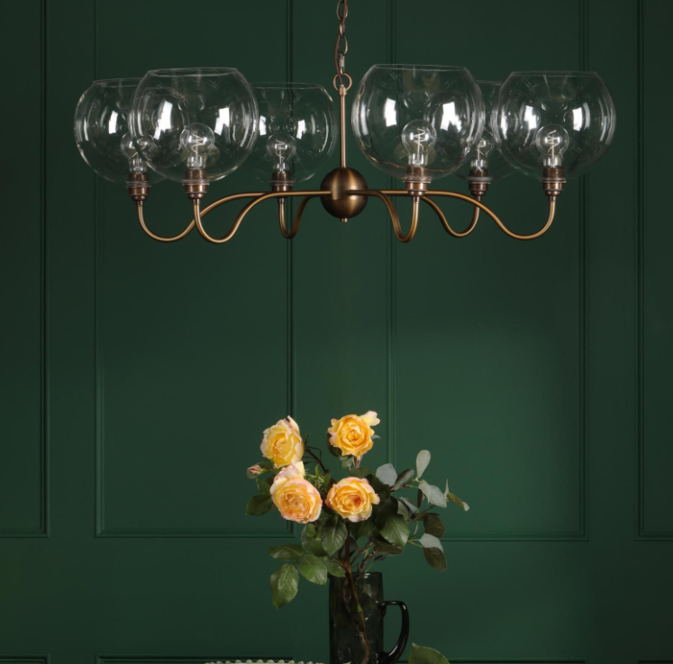Caliro 6 Lt Chandelier- Antique Bronze with Clear & Ribbed Glass Globe Shades