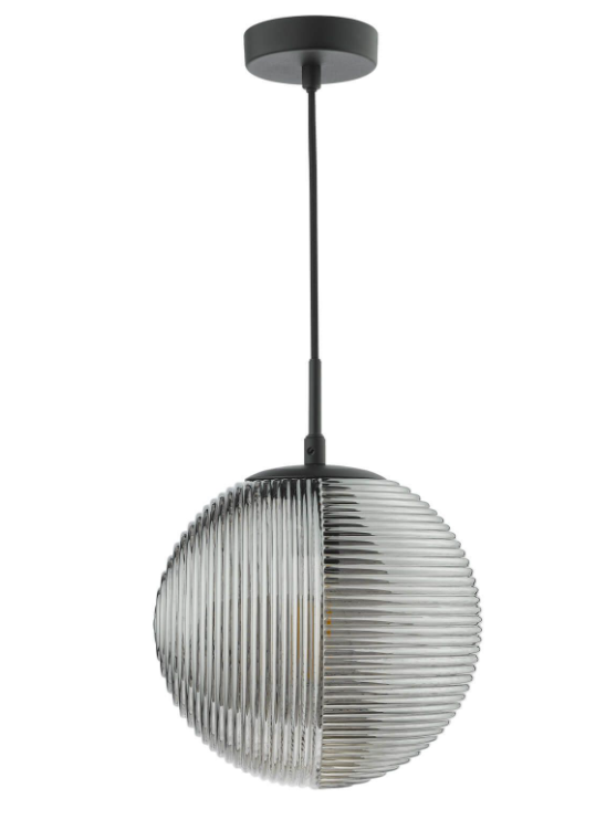 Evander Pendant Light-  Matt Black and Smoked Ribbed Glass