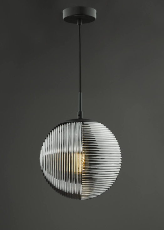Evander Pendant Light-  Matt Black and Smoked Ribbed Glass