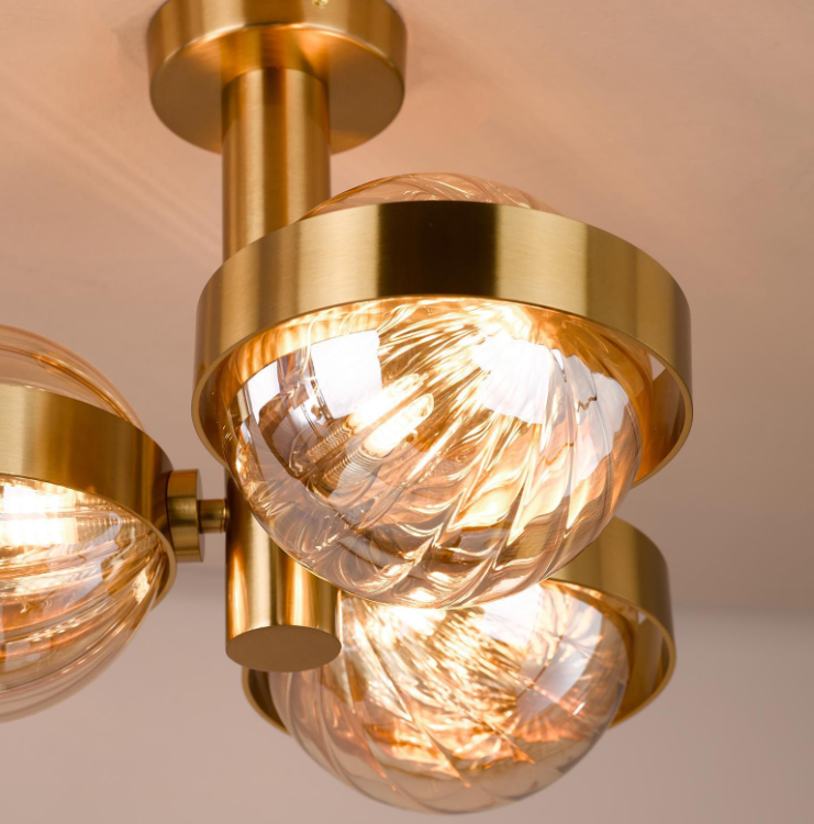 Ophira 3/6Lt Semi-Flush Light-  Antique Gold and Amber Ribbed Glass