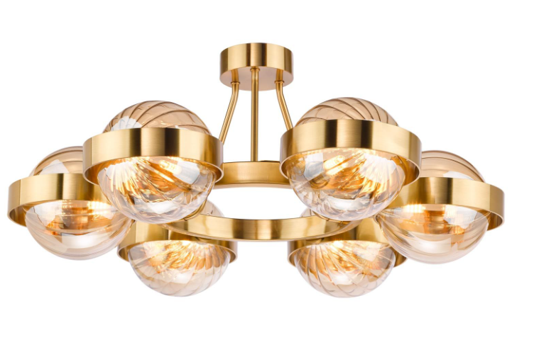 Ophira 3/6Lt Semi-Flush Light-  Antique Gold and Amber Ribbed Glass