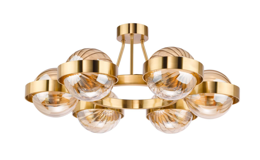 Ophira 3/6Lt Semi-Flush Light-  Antique Gold and Amber Ribbed Glass
