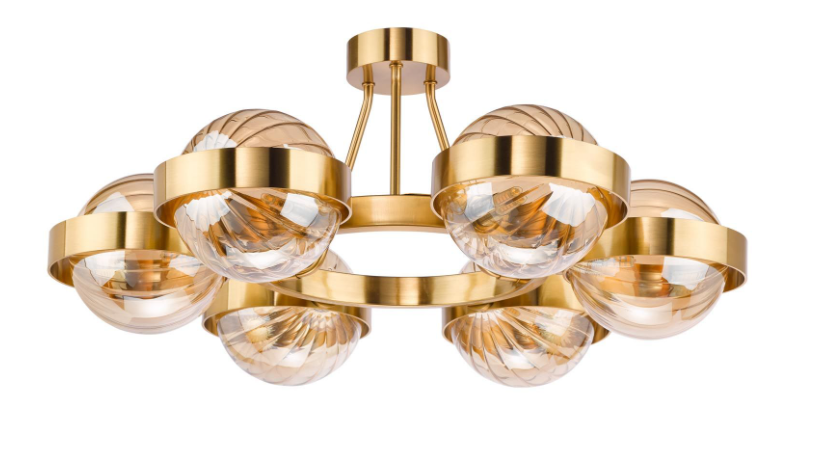 Ophira 3/6Lt Semi-Flush Light-  Antique Gold and Amber Ribbed Glass