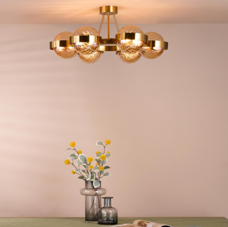 Ophira 3/6Lt Semi-Flush Light-  Antique Gold and Amber Ribbed Glass