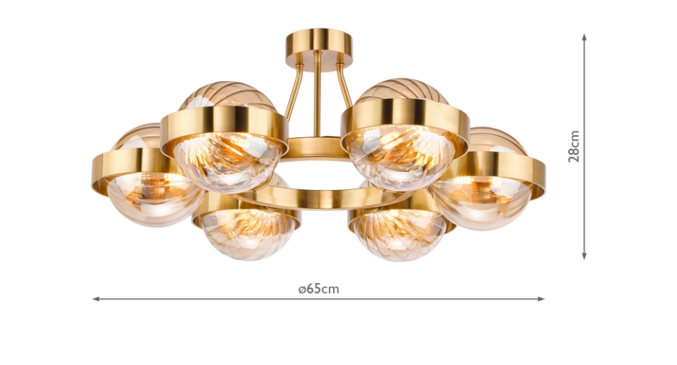 Ophira 3/6Lt Semi-Flush Light-  Antique Gold and Amber Ribbed Glass