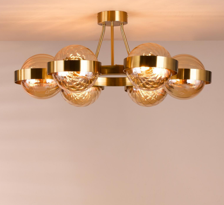 Ophira 3/6Lt Semi-Flush Light-  Antique Gold and Amber Ribbed Glass