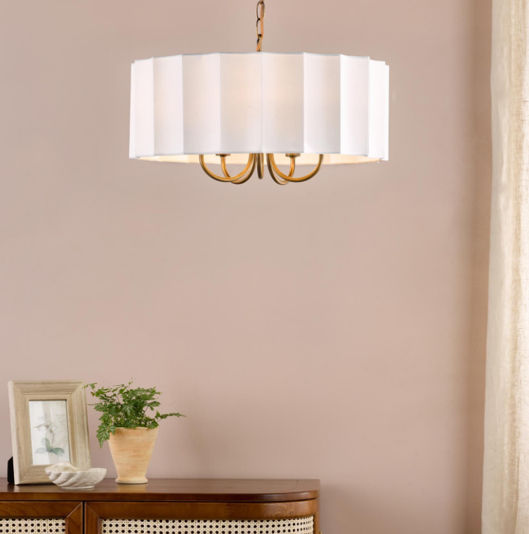 Noura 5 Light Pendant-  Antique Bronze and Ivory Scallop Shade