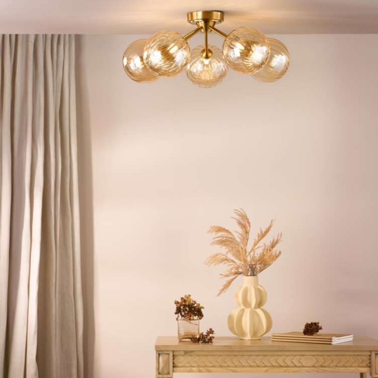 Liora 5/8Lt Semi-Flush Ceiling Light- Antique Gold and Amber Ribbed Glass