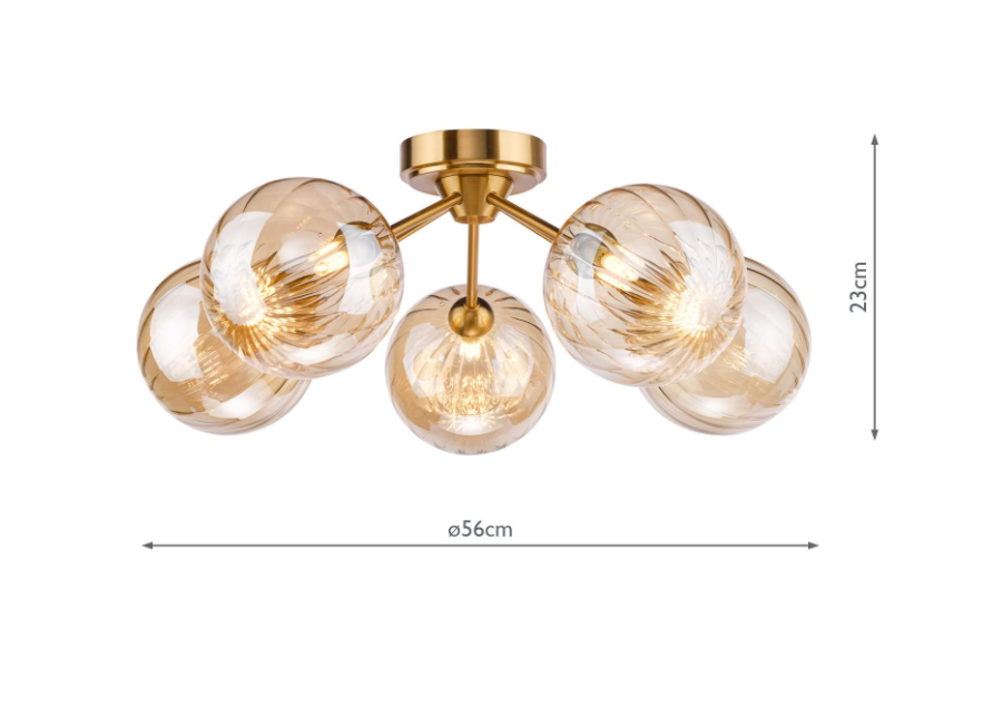 Liora 5/8Lt Semi-Flush Ceiling Light- Antique Gold and Amber Ribbed Glass