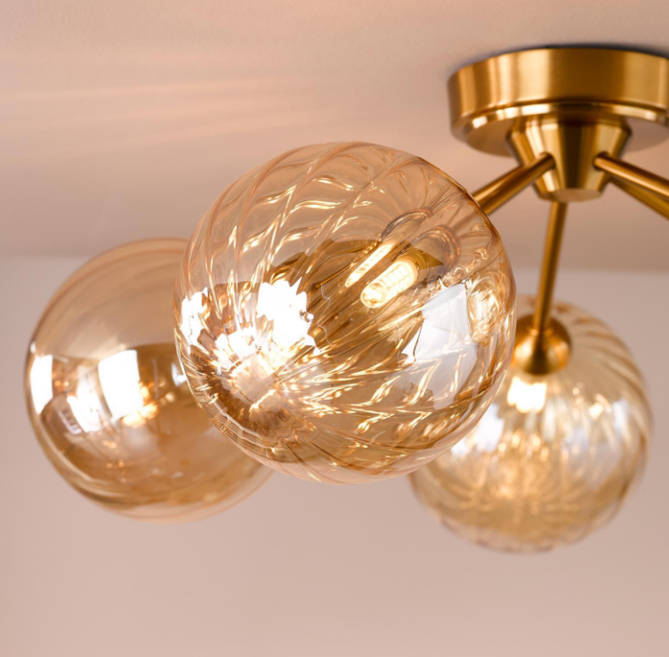 Liora 5/8Lt Semi-Flush Ceiling Light- Antique Gold and Amber Ribbed Glass