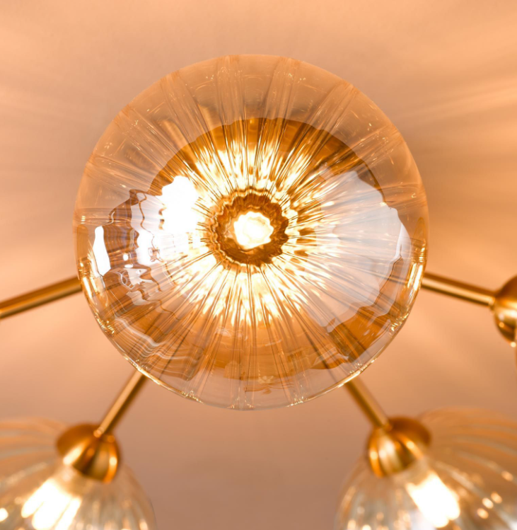 Liora 5/8Lt Semi-Flush Ceiling Light- Antique Gold and Amber Ribbed Glass
