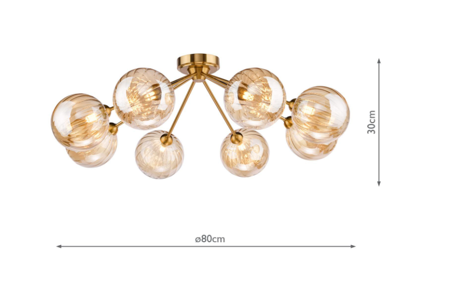 Liora 5/8Lt Semi-Flush Ceiling Light- Antique Gold and Amber Ribbed Glass