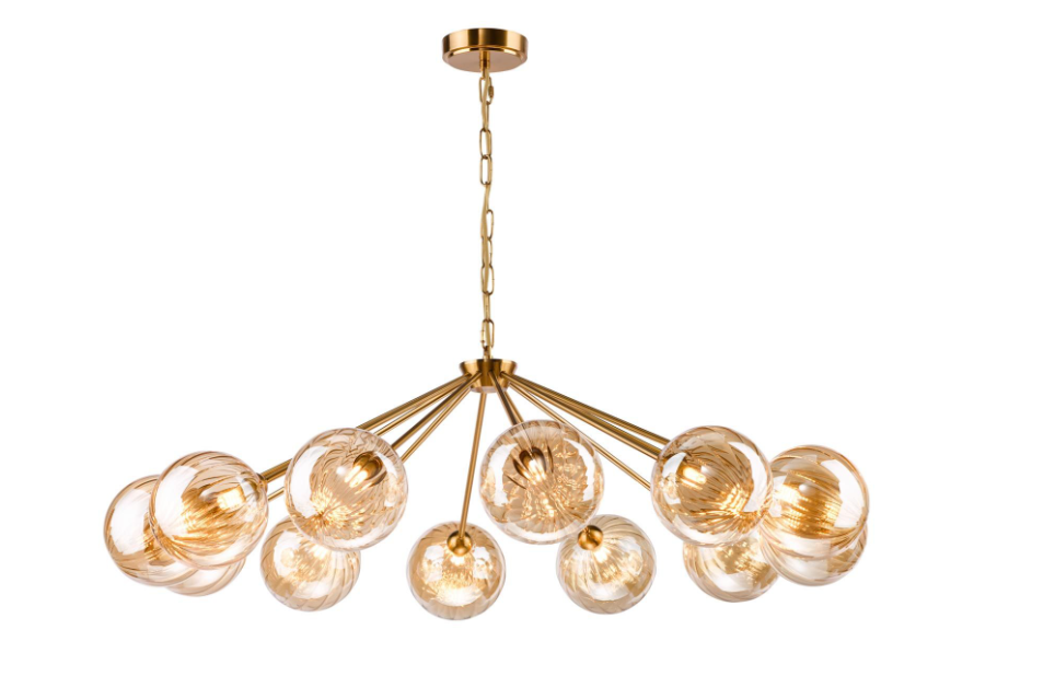 Liora 12Lt Chandelier- Antique Gold and Amber Ribbed Glass