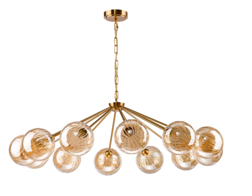 Liora 12Lt Chandelier- Antique Gold and Amber Ribbed Glass