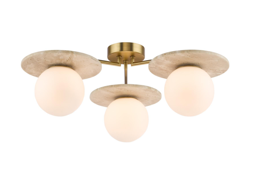 Inaya 3 Light Semi-Flush- Natural Brass and Travertine