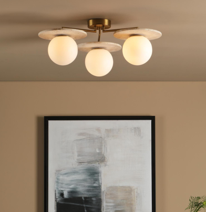Inaya 3 Light Semi-Flush- Natural Brass and Travertine