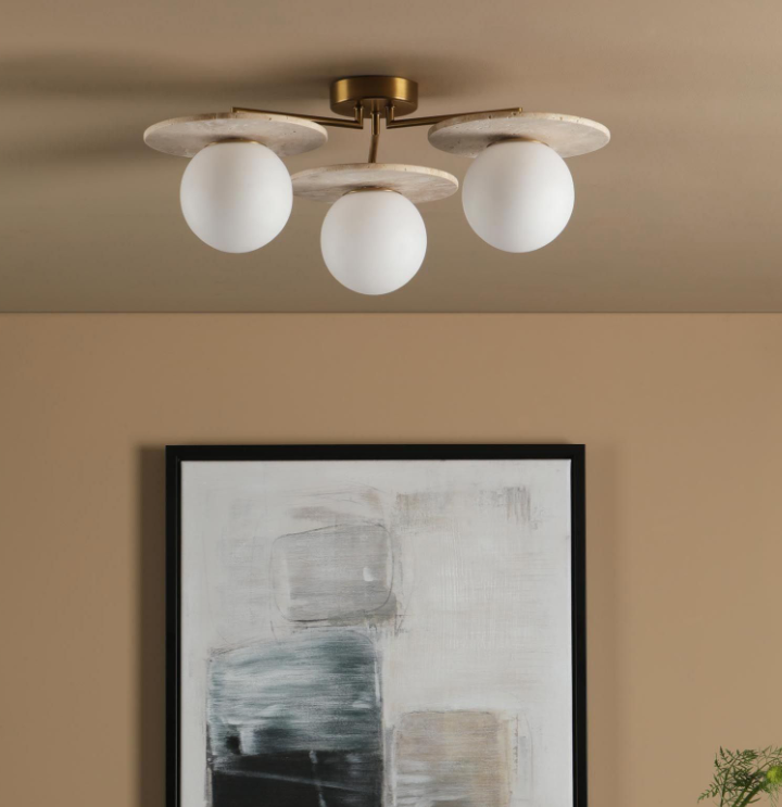 Inaya 3 Light Semi-Flush- Natural Brass and Travertine