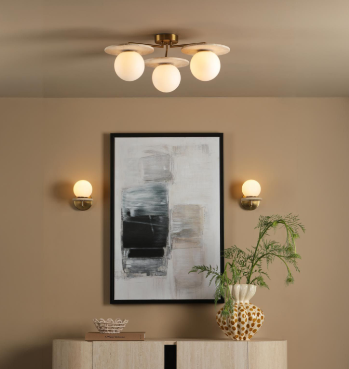 Inaya 3 Light Semi-Flush- Natural Brass and Travertine