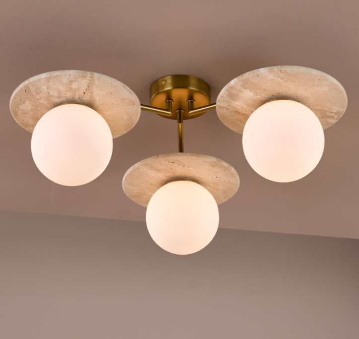 Inaya 3 Light Semi-Flush- Natural Brass and Travertine