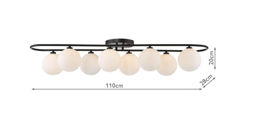 Luana 8Lt Semi-Flush Light-  Matt Black and Opal Glass